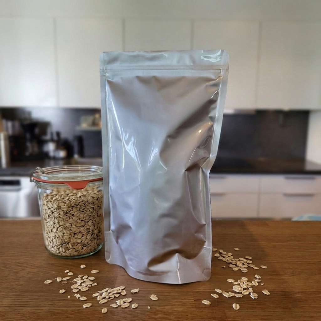 Mylarpåse 18x31 cm (1 liter) fylld på köksbänk med havre och glasburk